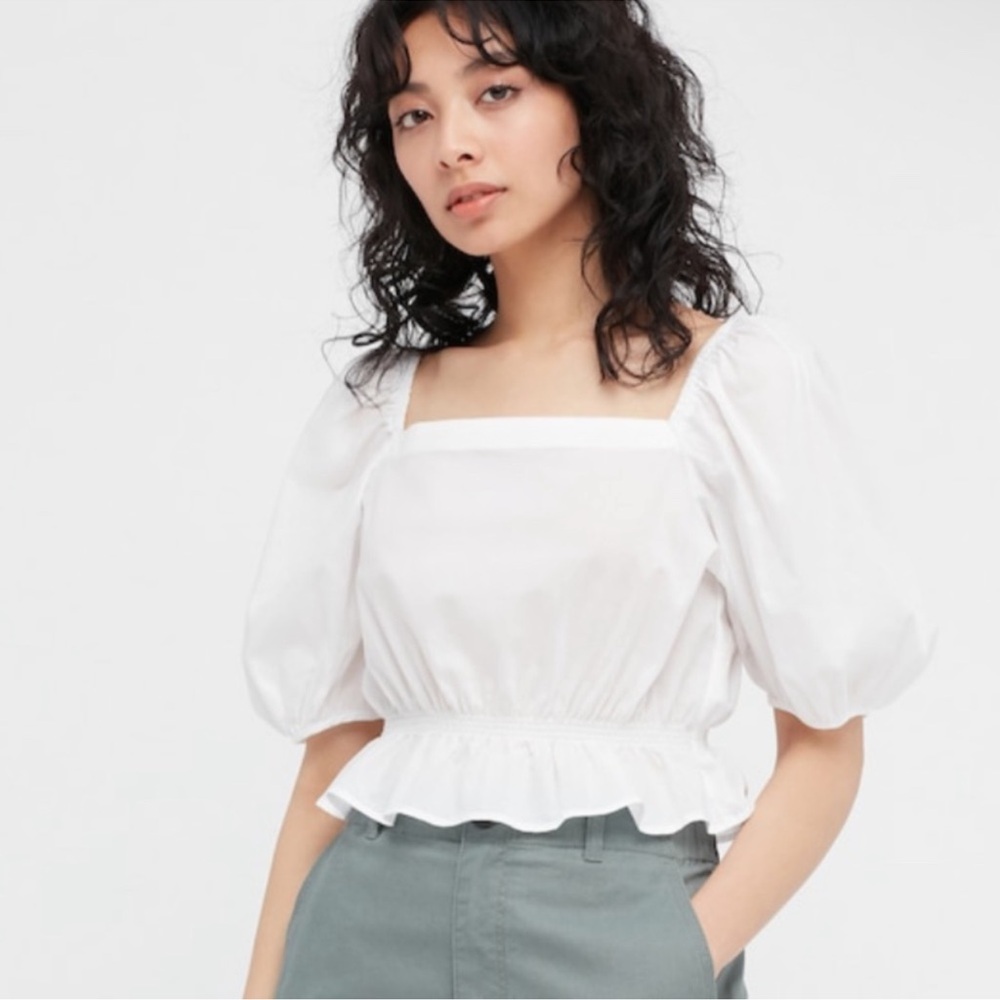 NWT Uniqlo Women’s Puff Sleeve Cropped Blouse Top White Size M